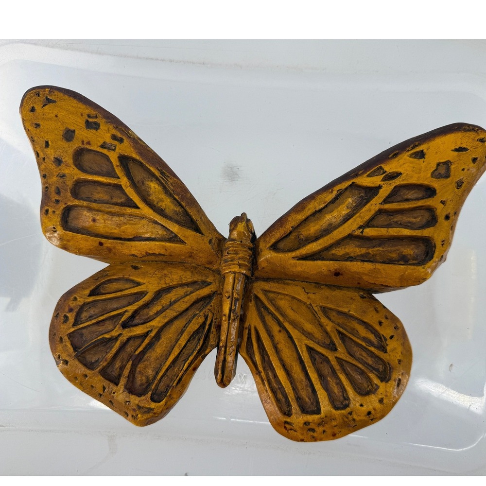Vintage Large Butterfly Wall Decor Mustard Yellow Brown Boho 13" Rustic Folk Art